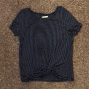 Blue and white striped twist knot top